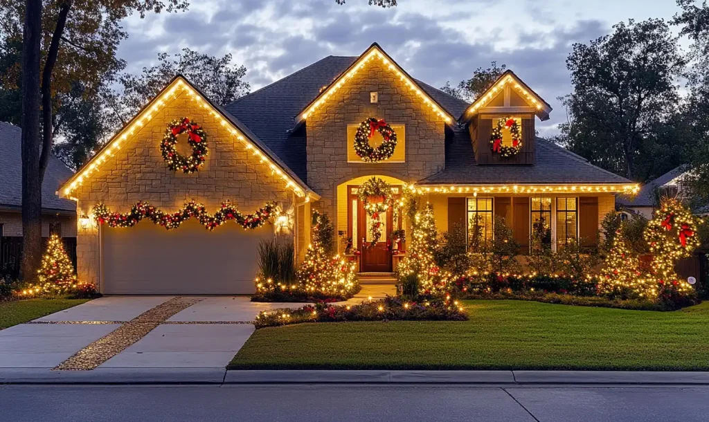 Professionally installed Christmas lights decorating a home, holiday light installation services in Grand Rapids, MN.